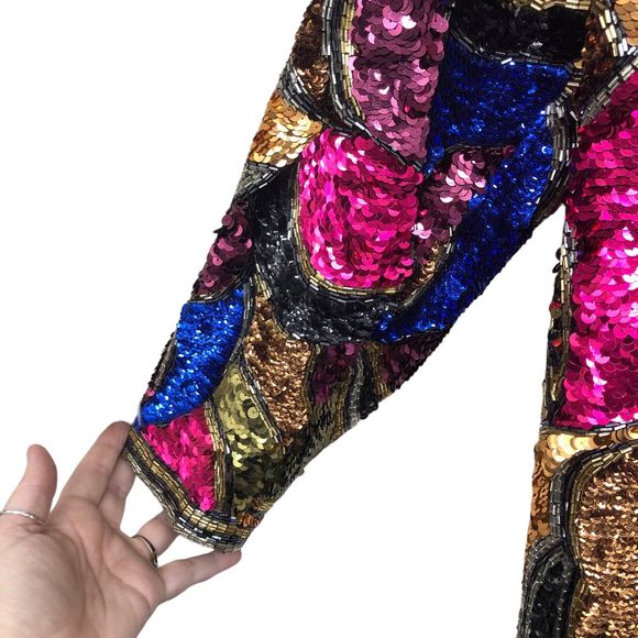 Vintage 1980s Black Tie Sequin, Silk, & Beads by Pierre Cardin, Glamorous, SZ S - Picture 5 of 11